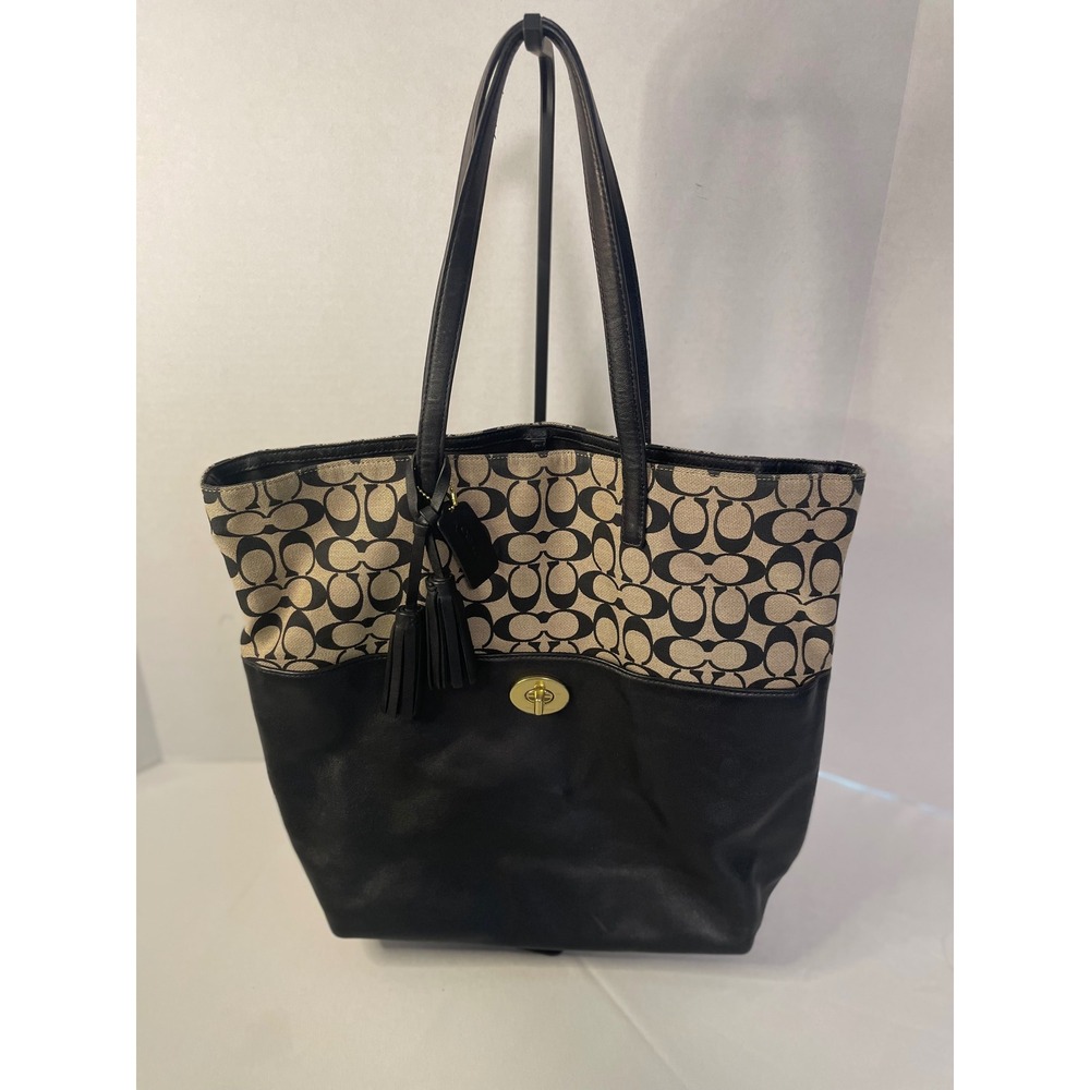 Coach Womens Signature Canvas Leather Turnlock Tote Bag Black Khaki 26943 Purse